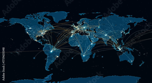 World map showing global connections network of light points representing data flow and communication worldwide connectivity concept