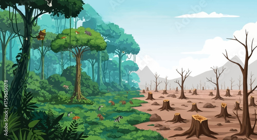 Deforestation Concept Showing Healthy Forest and Cleared Land Environmental Damage