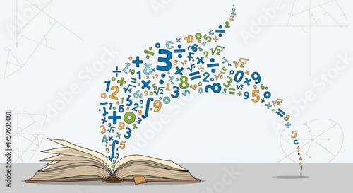 Open book with floating math symbols learning concept knowledge education