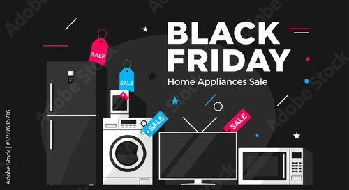 Black Friday Home Appliances Sale banner with refrigerator TV washer and microwave graphic illustration