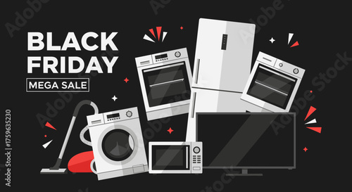 Black Friday Mega Sale featuring household appliances like a fridge oven TV and washer
