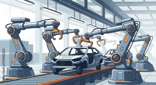 Car Assembly Line Robotic Arms Assembling Car Bodies Modern Factory Automation
