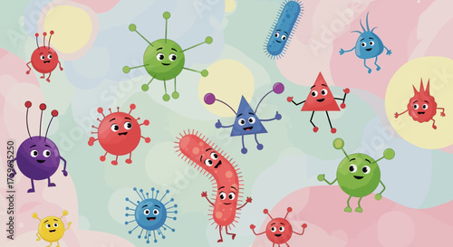 Cartoon Microbes Cheerful Characters Colorful Shapes Playful Scene Educational Concept
