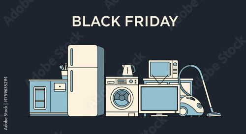 Black Friday sale banner featuring illustration of various household appliances and electronics