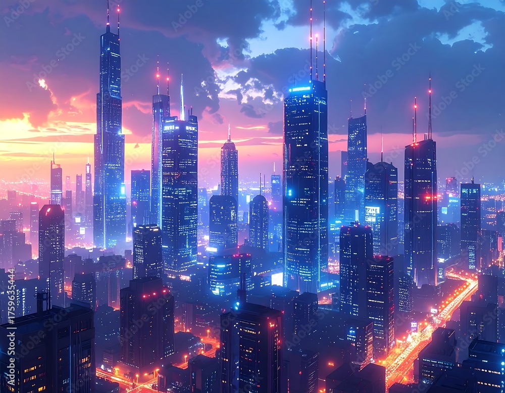Fototapeta premium A futuristic cityscape glows with neon lights under a colorful sunset