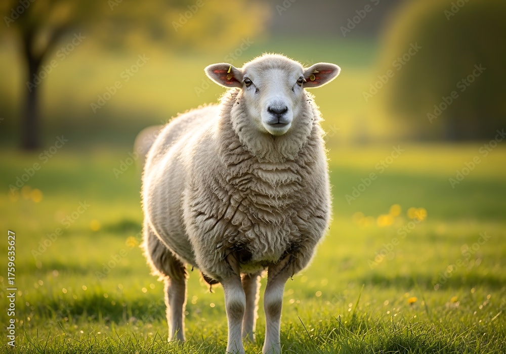 Fototapeta premium A fluffy white sheep stands in a vibrant green pasture under warm golden sunlight, looking directly at the camera.