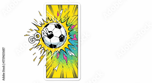 Football soccer goal pop art comic style sport illustration, dynamic design with explosion retro rays