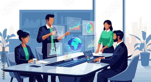Business team presentation with futuristic interface in conference room collaborative strategy