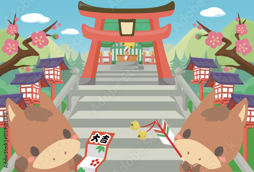 午年　年賀素材　2026年　初詣に行く午のテンプレート2　文字無し