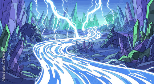 Crystal river flowing through jagged rock formations with lightning strikes fantasy landscape mysterious energy