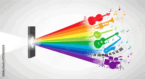 Musical instruments emanating from light source colorful spectrum creative concept