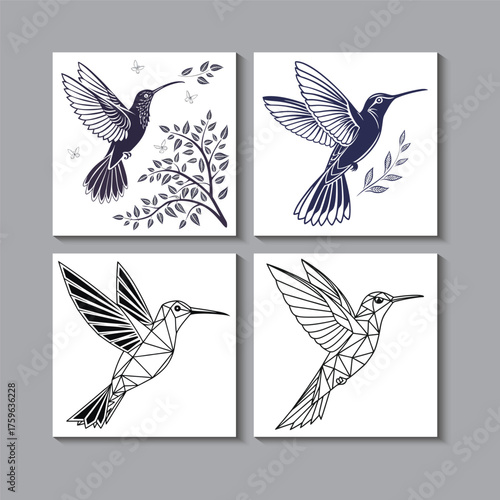 Hummingbird Vector Pair – Geometric Line Art and Silhouette Style