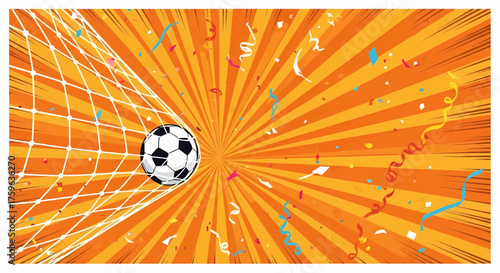 Football soccer goal sport illustration, a dynamic pop art comic style poster banner with retro rays