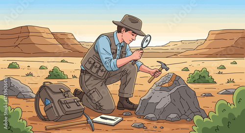 Paleontologist Examining Fossil Using Magnifying Glass and Hammer in Desert Landscape Discovery and Exploration