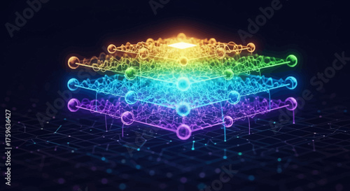 Neural network layers glowing with vibrant colors interconnected nodes artificial intelligence concept