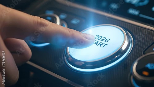 Finger presses futuristic start button in car, initiating 2026 journey with glowing blue accents
