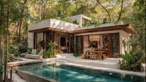 Wallpaper Mural Bright and welcoming residence sits among tall trees with a reflective pool in front inviting relaxation. Torontodigital.ca