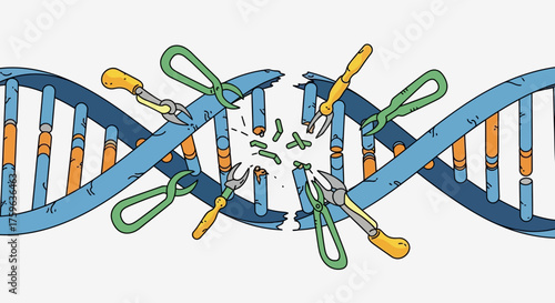 Damaged dna strand conceptual art with pliers and tools genetic engineering theme