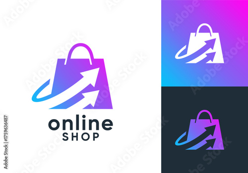 shopping bag with arrow logo. fast online shop vector design concept	
