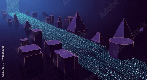 Abstract geometric shapes flowing stream digital art dark blue purple futuristic technology