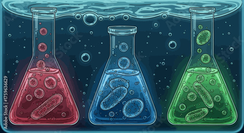 Laboratory beakers containing colorful liquids and bacteria science experiment research