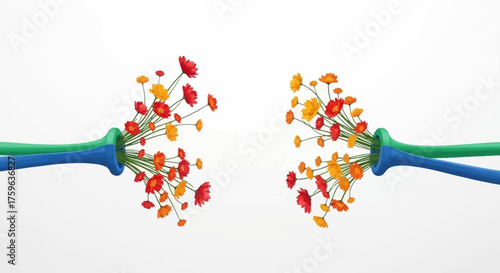 Floral arrangement emerging from tubes vibrant colors whimsical style creative concept positive energy