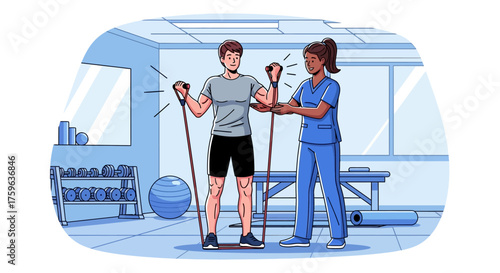 Man exercising with resistance bands Physical therapy session in clinic Rehabilitation and recovery
