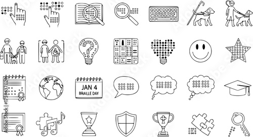 Braille, Accessibility  Disability Awareness Line Icons. Education, Communication, Support, Guide Dogs, and Learning Symbols for Visually Impaired Community.
