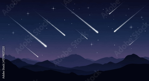 Meteor shower over mountains Silhouetted landscape with shooting stars Night sky celestial event peaceful nature