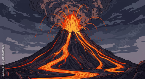 Volcano Eruption Dramatic Lighting Fiery Lava Flow Dark Sky Natural Disaster