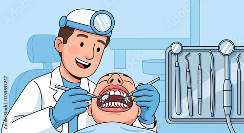 Dentist examining patient open mouth dental tools checkup clinic healthcare