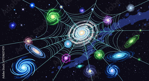 Galaxies Connected by Web Cosmic Network Interconnected Universe Concept