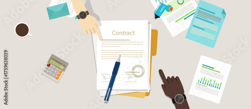 sign paper deal contract agreement hand pen on desk two people flat business illustration vector