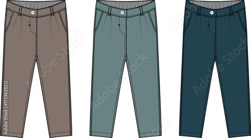 Collection of three different colored casual trousers for women, featuring a cinched waist and ankle length design