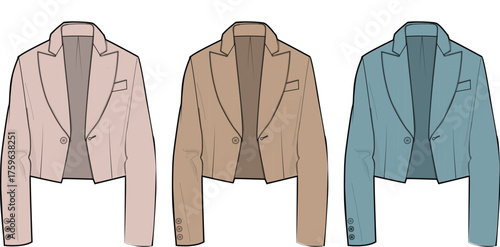 Three Stylish Cropped Blazer Designs Fashion Illustration Featuring Neutral Colors and Tailoring Details