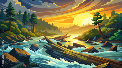 Wide river overflowing into nearby forest, strong currents sweeping fallen logs, mist rising from surface, golden sunrise light filtering through storm clouds