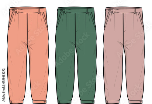 Versatile collection of fashionable women's casual pleated trousers in a range of pastel and earthy tones, ideal for apparel design projects and style development