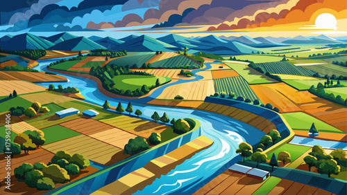 Aerial view of river flooding farmlands, patterns of brown and blue water spreading across fields, sunlight breaking through storm clouds