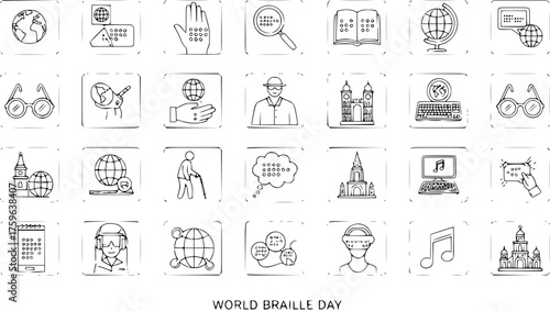 World Braille Day doodle icon set illustrating global awareness, education, and assistive technology for the blind.