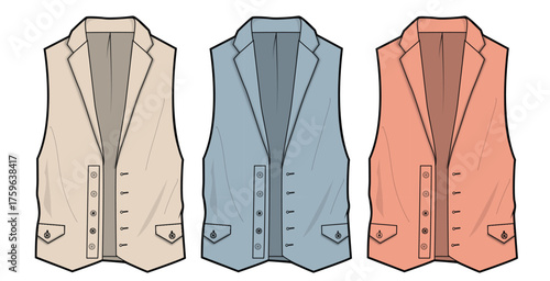 Fashion flat illustrations of three men's vests in diverse colors like beige, blue, and terracotta, depicting classic waistcoat designs with detailed buttons and pockets