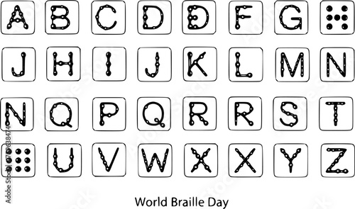 Black and White Braille Alphabet Display, English Letters A-Z, Featuring Dotted Design for World Braille Day Awareness