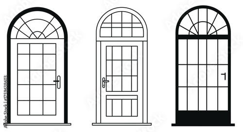 Illustration of three arched doorways with varying window pane designs