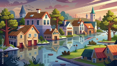 Flooded town near riverbank, streets submerged in water, rooftops and trees peeking through surface, calm reflection of gray sky creating surreal quietness