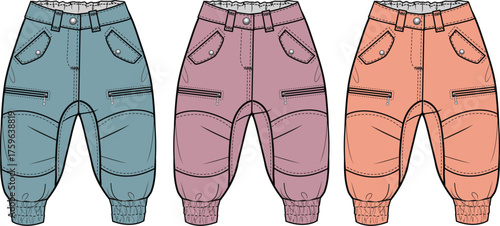 Collection of kids' jogger pants in multiple colorways, a technical flat fashion sketch template for children's apparel design