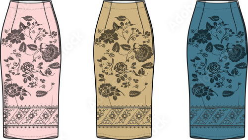 Fashionable floral pencil skirts with ethnic trim, available in three distinct colorways for versatile styling options