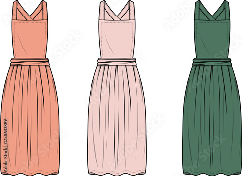 Set of women's sleeveless midi sundresses with spaghetti straps and gathered skirt in three colors. Fashion technical flat sketch vector illustration