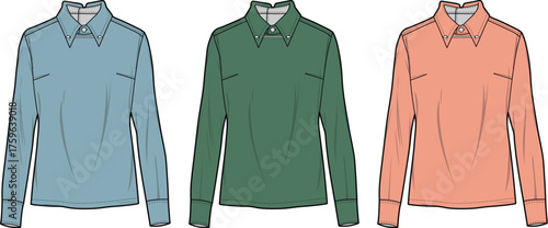 Three collared long-sleeved shirts in a row, each a different color light blue, dark green, and coral