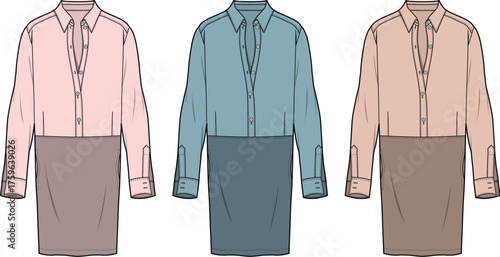 Colorful Shirt Dress Sketches Fashion Design Flat Technical Drawings