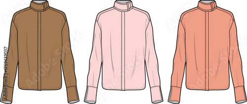 Vector template of a women's funnel neck track jacket in multiple colors. Fashion flat sketch for apparel design, clothing mockups, and technical drawing