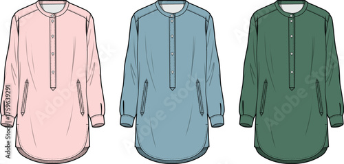 Set of three colorful tunic shirts with long sleeves and mandarin collar. Fashion flat sketch technical drawing for apparel design. Clothing vector template
